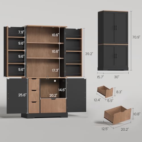 Itaar 70.9" Kitchen Pantry Cabinet,6 Door Shelves and 4 Drawers, Black - Image 2