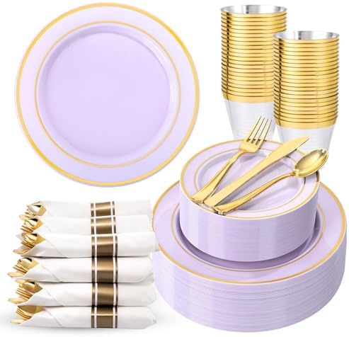 WDF Partyware 350PCS Purple Plates Disposable - Purple Plastic Plates 50Guests Lavender Disposable Dinnerware Sets with Rolled Napkins for Wedding/Birthday/Baby Shower/Bridal Shower by WDF