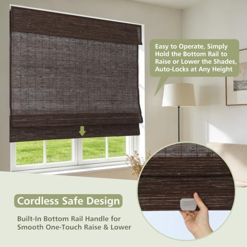 Cordless Bamboo Roman Shades for Indoor Windows, Blackout Woven Wood Blinds - Image 5