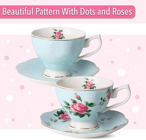 BTaT- Floral Tea Sets for Adults, 13 pcs, Service for 4, Pot (38 oz) & Cups (8 oz) with Saucers, Pastel Blue Floral Design, Porcelain Tea Set for Adult, Dishwasher Safe - Image 5