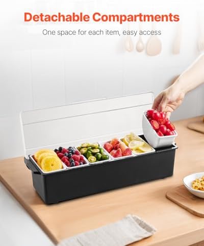 VEVOR Chilled Condiment Server, 6 Compartment Ice Cooled Condiment Serving Container, Chilled Garnish Tray Bar Caddy with Lid, for Bartending & Serving Taco, Salad, Fruit, Home & Restaurant Supplies - Image 4