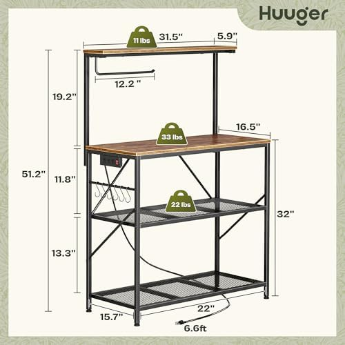 Huuger 4-Tier Bakers Rack with Reversible Power Outlet, 31.5 Inch Microwave Stand, Kitchen Coffee Bar, with Top Shelf, 6 S Hooks, Rustic Brown - Image 3