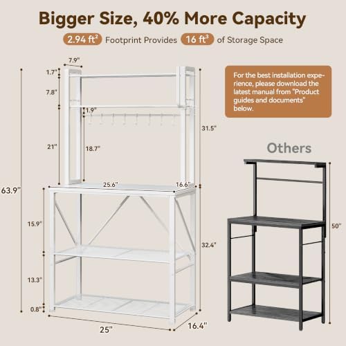 YASONIC Coffee Bar, Bakers Rack with Storage, 25.6 Inches Microwave Stand, 5 Tier Kitchen Shelves Appliance Storage, 12 S Hooks Large Coffee Station for Spices, Pots and Pans, White - Image 3