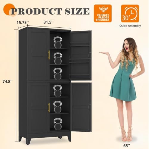 GAIOUS 74.8" Tall Metal Food Cabinet, Black Kitchen Pantry Cabinet Cupboard - Image 2