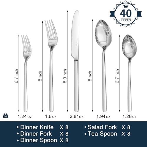 KINGSTONE 40 Piece Silverware Set, Flatware Set for 8, 18/10 Stainless Steel Cutlery Set Mirror Polished Modern Design Dishwasher Safe - Image 2