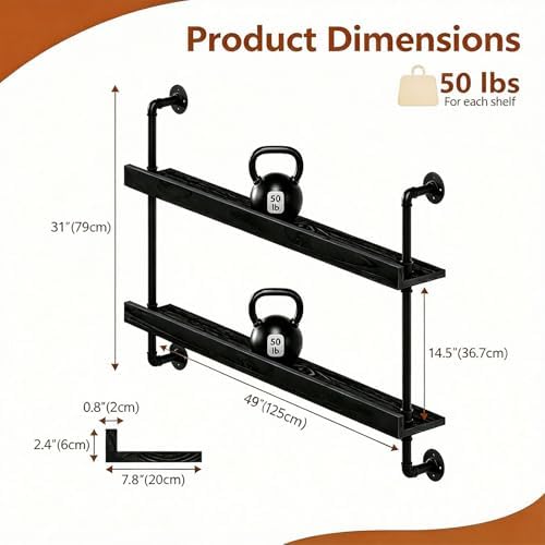 Wall Mounted Wine Rack with LED Light - 2-Tier Solid Wood Industrial Rustic Floating Shelves, Bottle Storage Organizer for Kitchen, Bar, Pub, Cellar, Home Bar (Black, 2-125cm/49.2in) - Image 2