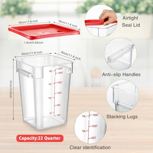 Suclain 2 Pcs Square Food Storage Container Polycarbonate Clear Food Container with Lid Commercial Rice Storage with Graduations for Commercial Kitchen(22 Qt,Red) - Image 2