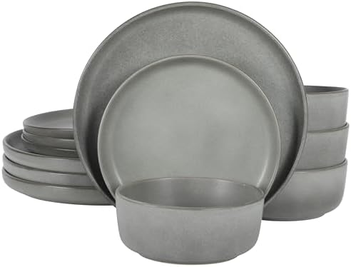 Gibson Elite Pasco 12 Piece (Service for 4) Plates and Bowls Reactive Glaze Dishes Stoneware Ceramic Dinnerware Set - Grey by GibsonHomewares