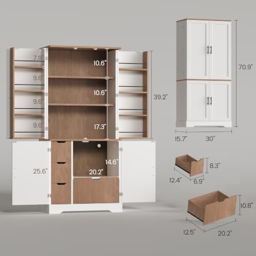 Itaar 70.9" Kitchen Pantry Cabinet,6 Door Shelves and 4 Drawers, White - Image 2