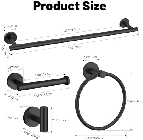 5 Pieces Matte Black Bathroom Hardware Accessories Set SUS304 Stainless Steel Black Towel Bar Holder Set, 23.6Inch Towel Racks for Bathroom, Robe Towel Hooks, Toilet Paper Holder Wall Mounted - Image 6