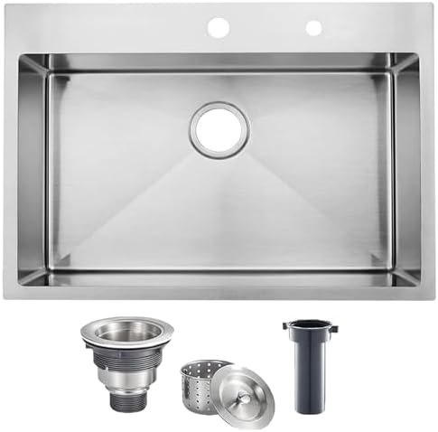 VAPSINT 33x22 Drop In Kitchen Sink, 33 Inch Stainless Steel Top Mount Single Bowl Sink for Kitchen, Overmount Handmade 16 Gauge Brushed Nickel RV Laundry Prep Sinks with Drain by VAPSINT