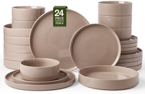 Famiware Nebula 24-Piece Dinnerware Set with Pasta Bowls, Cinnamon Brown by Famiware