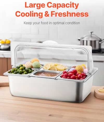 VEVOR Countertop Food Serving Display Container, 6 Pan Stainless Steel Food Serving Tray, Buffet Condiment Dispenser Display Rack with Clear Lid & 3 Freezer Boxes, for Restaurant Hotel Kitchen Party - Image 4