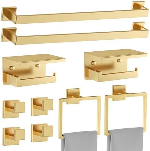 10 Pieces Brushed Gold Towel Bar Set Bathroom Hardware Accessories Set Upgraded Toilet Paper Holder Towel Holder/Racks Set for Bathroom Stainless Steel Wall Mounted 23.6in by Woekme