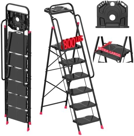 6 Step Foldable Step Ladder with Roomy Tool Tray & Secure Handrail, Wide Pedals Platform Stool 800lbs Capacity for Adults Home Kitchen by DIAMONDFORGE