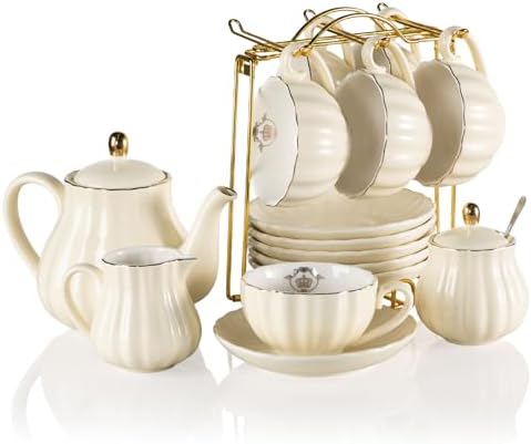 Sweejar Home Porcelain Tea Sets British Royal Series, 8 OZ Cups & Saucer Service for 6, with Teapot Sugar Bowl Cream Pitcher Teaspoons and Tea Strainer, Suitable for High Tea, Wedding, Party（Beige） by Sweejarco1949