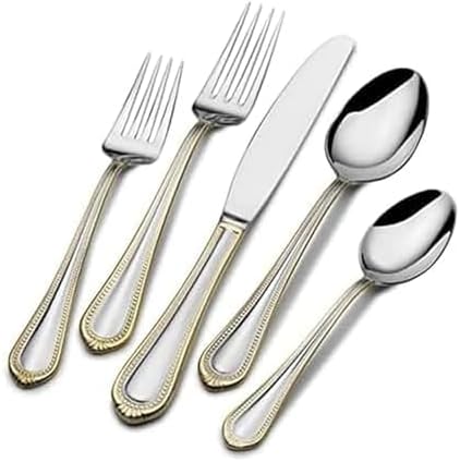 Mikasa, Gold Accent Regent Bead Flatware Service for 12, 65 Piece Set, 18/10 Stainless Steel, Silverware Set with Serving Utensils by Mikasa