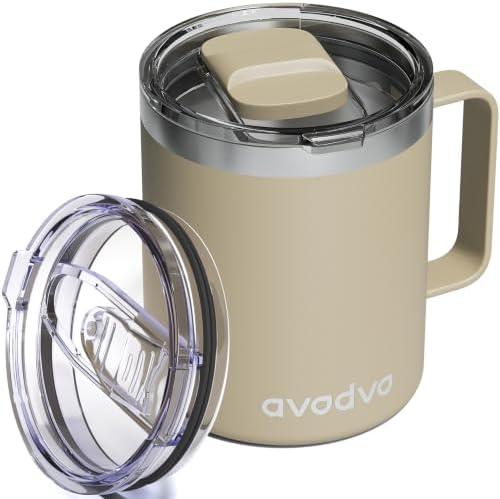 12oz Insulated Coffee Mug with 2 Lids & Handle, Stainless Steel Cup by avodvo