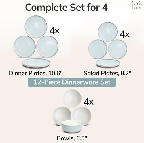 12 Piece Stoneware Dinnerware Set for 4, Handcrafted Plates and Bowls Set - Image 6