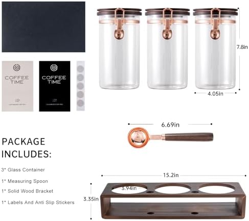 3 Piece Airtight Glass Coffee Canister Set, 42oz Food Safe Storage Jars with Wooden Shelf & Scoop, Sealed Countertop Organization Canisters for Coffee Beans, Tea, Sugar - Image 2