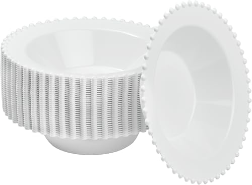 PLASTICPRO 32 Piece Plastic Dinner Plates Bowls Disposable Plastic Fancy Heavy Duty Party Dishes 12 oz White Bead Bowls by PLASTICPRO