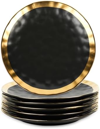vicrays Ceramic Dinner Plates Set, 10 Inch, Set of 6, Round, Dishwasher Safe, NOT Microwave Safe, Suitable for Steak, Pasta, Home, Party, Restaurant（Black with Golden） by VicraysCeramic
