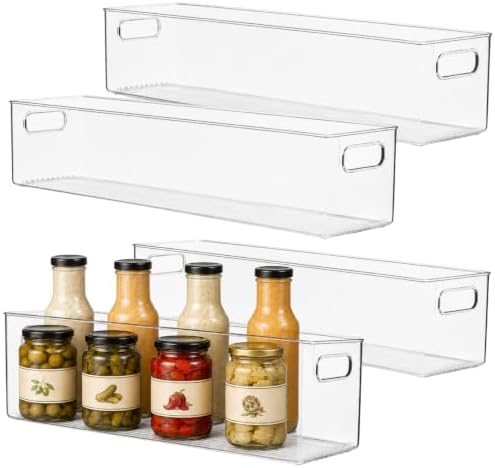 primebox Plastic Food Storage 4 Pack Clear Container Bin with Handles for Organizing Kitchen, Pantry, Refrigerator, Freezer, Pantry, Cabinet, Closet, Bathroom. 20”x6”x5” by primebox