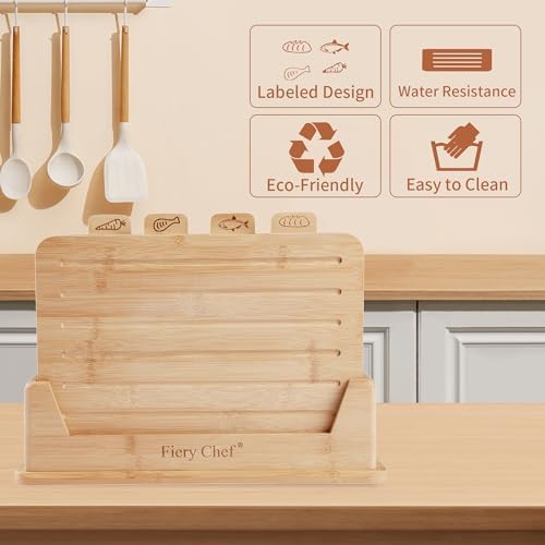 4 Piece Bamboo Cutting Boards Set with Food Icons & Stand, 12.6"L x 9"W - Image 6