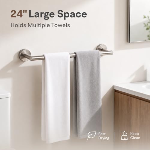 8 Pieces Bathroom Hardware Set, SUS304 Stainless Steel 24 Inch Bath Towel Bar Set, Round Bathroom Accessories Kit Wall Mounted Towel Holder (Brushed Nickel) - Image 6