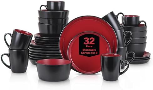 Stone Lain Albie Stoneware 32 Piece Modern Dinnerware Set, Plates and Bowls Sets, Service for 8, Red and Black, Microwave & Dishwasher Safe by Unknown