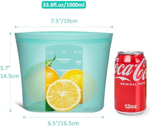 Reusable Freezer Bags Quart Size, 4 Pack, 100% Silicone Stand Up Ziplock Reusable Silicone Food Storage Bags Sandwich Bags Containers, Freezer Microwave Oven Dishwasher Safe, Aqua, 33.8fl.oz - Image 3