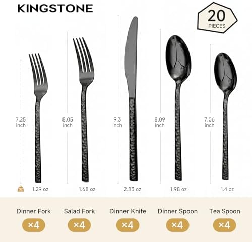 20 Piece Black Silverware Set,18/10 Stainless Steel Hammered Flatware for 4 - Image 7