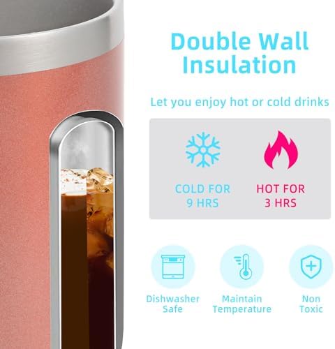 Volhoply 14oz Insulated Stainless Steel Coffee Mug with Leakproof Lid,Double Wall Vacuum Travel Coffee Cup with Handle,Reusable Metal Cups Tumbler, Camping Mugs Keep Hot,Ideal Gifts(Rose Gold,1) - Image 3