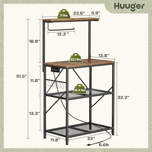 Huuger 4-Tier Bakers Rack with Reversible Power Outlet, 23.6 Inch Microwave Stand, Kitchen Coffee Bar, with Top Shelf, 6 S Hooks, Rustic Brown - Image 3