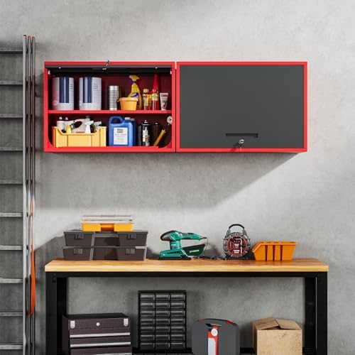 Yizosh Metal Garage Wall Cabinet with Doors and Shelves,Wall Mounted Metal Storage Cabinet, Floating Steel Tool Cabinet for Garage,Basement,Kitchen,Warehouse (Red Black,21.6" H) - Image 2