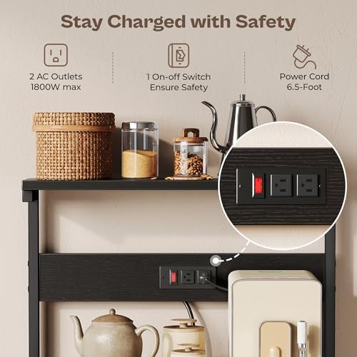 SUPERJARE Kitchen Bakers Rack with Power Outlet, Coffee Bar Table 4 Tiers, Kitchen Microwave Stand with 6 S-shaped Hooks, Storage Shelf Rack for Spices, Pots and Pans - Black - Image 3