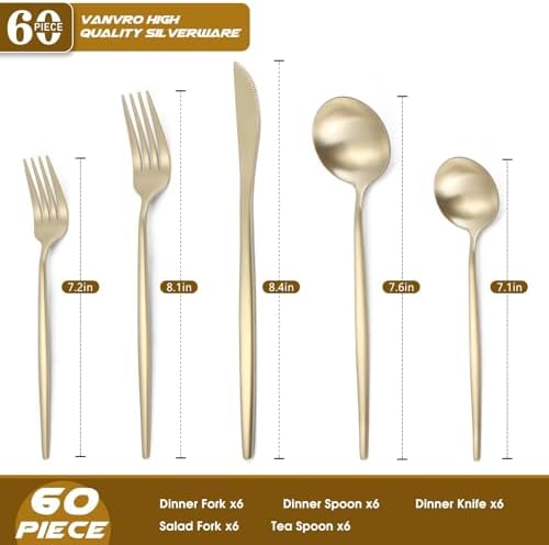 VANVRO Champagne Gold Silverware Set, 60-Piece Stainless Steel Flatware set,Matte Silverware Sets Service for 12, Tableware Cutlery Satin Finish Utensils for Kitchen,Dishwasher Safe - Image 2