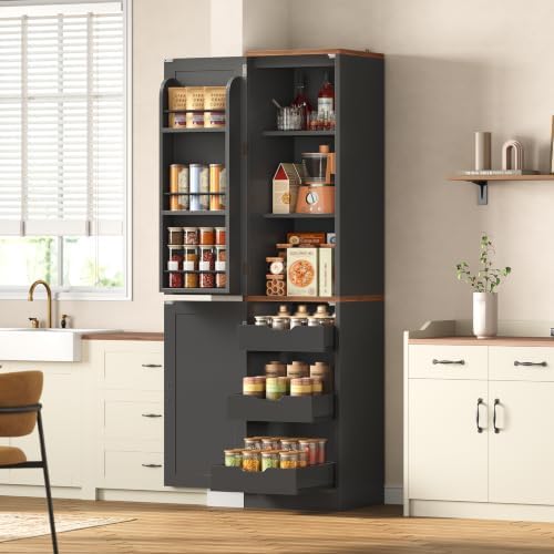 Itaar Narrow Kitchen Pantry Cabinet with 3 Door Shelves & 3 Drawer, Black by Itaar