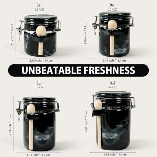 4 Piece Airtight Ceramic Canister Set With Attached Wooden Spoon Reusable Chalk Labels For Dry Goods Sugar Coffee Tea Kitchen Storage Use (Marble Black) - Image 3
