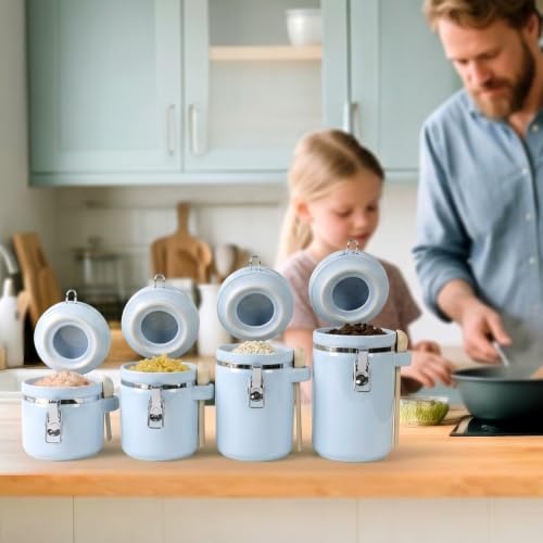 4 Piece Airtight Ceramic Canister Set With Attached Wooden Spoon Reusable Chalk Labels For Dry Goods Sugar Coffee Tea Kitchen Storage Use (LightBlue) - Image 7