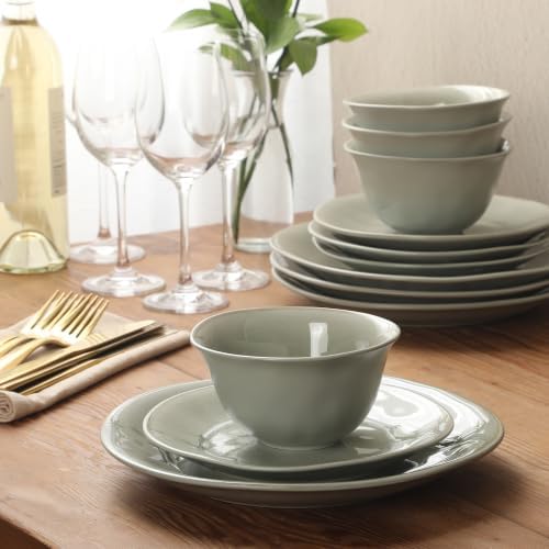 Gibson Elite Port Barton Plates and Bowls Sets, 12-Piece Stoneware Dinnerware Sets, Reactive Glaze Dish Set - Green - Image 5