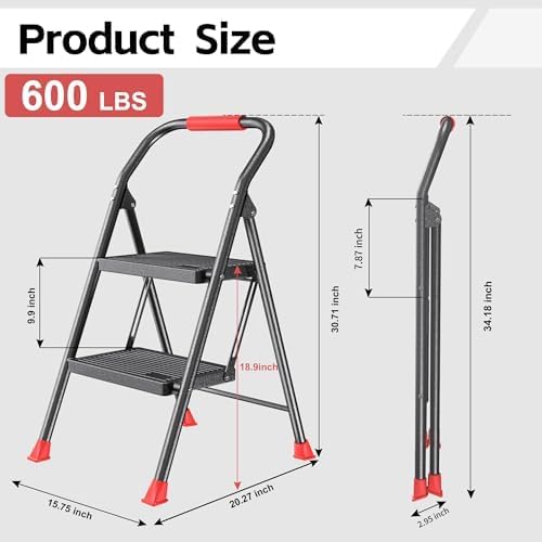 Step Ladder Foldable Folding Stool - for Home Adults Kitchen 2 Stepping Extension Tall Heavy Duty with Handrails - Closet Stepstool Stair Ladders Extendable Stepladder for Indoor House 600Lbs - Image 7