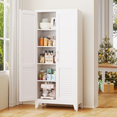 Kitchen Pantry Cabinet, Freestanding Storage Cabinet with Louvered Doors, Adjustable Shelves Tall Kitchen Cabinet for Kitchen Dining Room Laundry Room, 70.9" H x31.5 W x15.7 D, White by AXASIIO