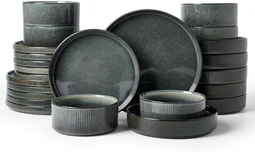 Famiware Star Stoneware Dinnerware Sets with Pasta Bowls, 24pc Dishes for 6 by Famiware