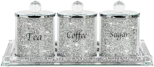 Topsky Coffee Sugar Tea Crystal Canister Set of 4,Sparkly Crystal Crushed Diamonds Home Decor,Silver Kitchen Coffee Jar Storage Set with Label & Lid,Storage Container Set for Countertop,Dining Room by HomeandKitchenNO1
