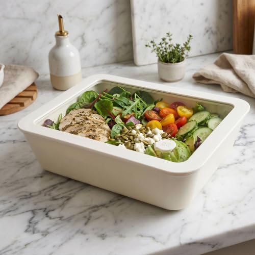 Urban Green Ceramic Coated Glass Food Storage Container with Airtight Glass Lid, Large Rectangle Meal Prep Container, 87oz, Microwave and Oven Safe Non-Toxic Lunch Box, Cream color - Image 7