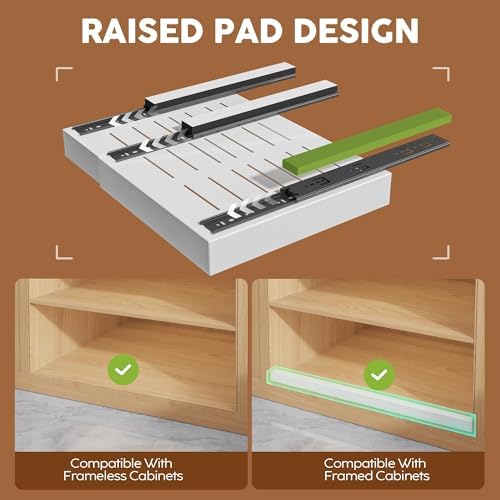 Seinloes 2 Pack Expandable Pull Out Cabinet Organizer 21"Deep With Raising Pad for Framed Cabinets,Upgrade 3 Slide Rails Slide Out Drawers,Roll Out Shelves Adhesive,Adjustable Width 15.15"-26.3" White - Image 2