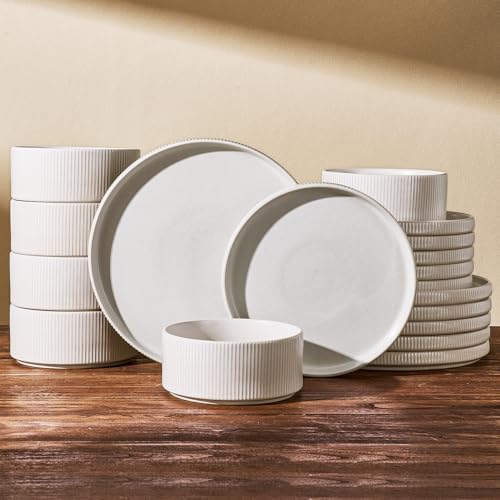 Dinnerware Set for 6, Ceramic Ribbed Plates, Bowls, Dishes by FamiwarePremium