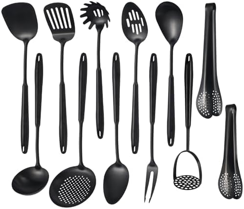304 Stainlss Steel Matte Kitchen Utensils Set, 12 Pcs Long Metal Cooking Utensil Gadgets Tools Set with Spatula, Ladle, Spoon, Ladle, Skimmer, Tunner, Pasta Server, Tongs(Black, Dishwasher Safe) by Lazycorner
