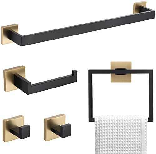 5 Pieces Bathroom Hardware Accessories Set Black and Gold Towel Bar Set,Wall Mounted Stainless Steel,23.6 Inch by TNOMS